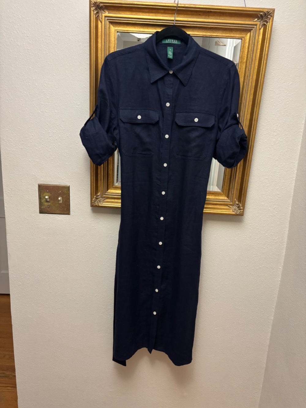 Women's Lauren Ralph Lauren 100% Linen Medium Roll Top Sleeve Shirtdress